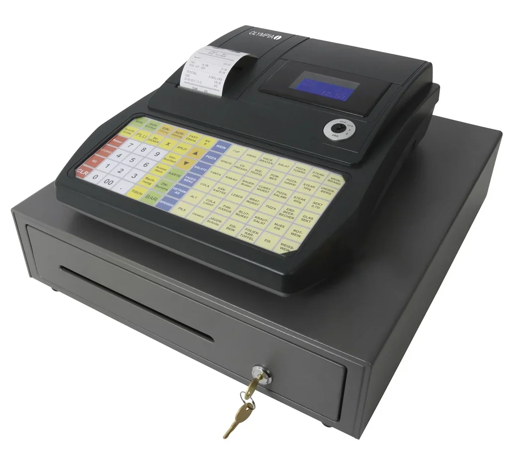 Registrierkasse mit 4 + 8 Fächer, Flach-Tastatur und TSE 3-Jahres-Lizens