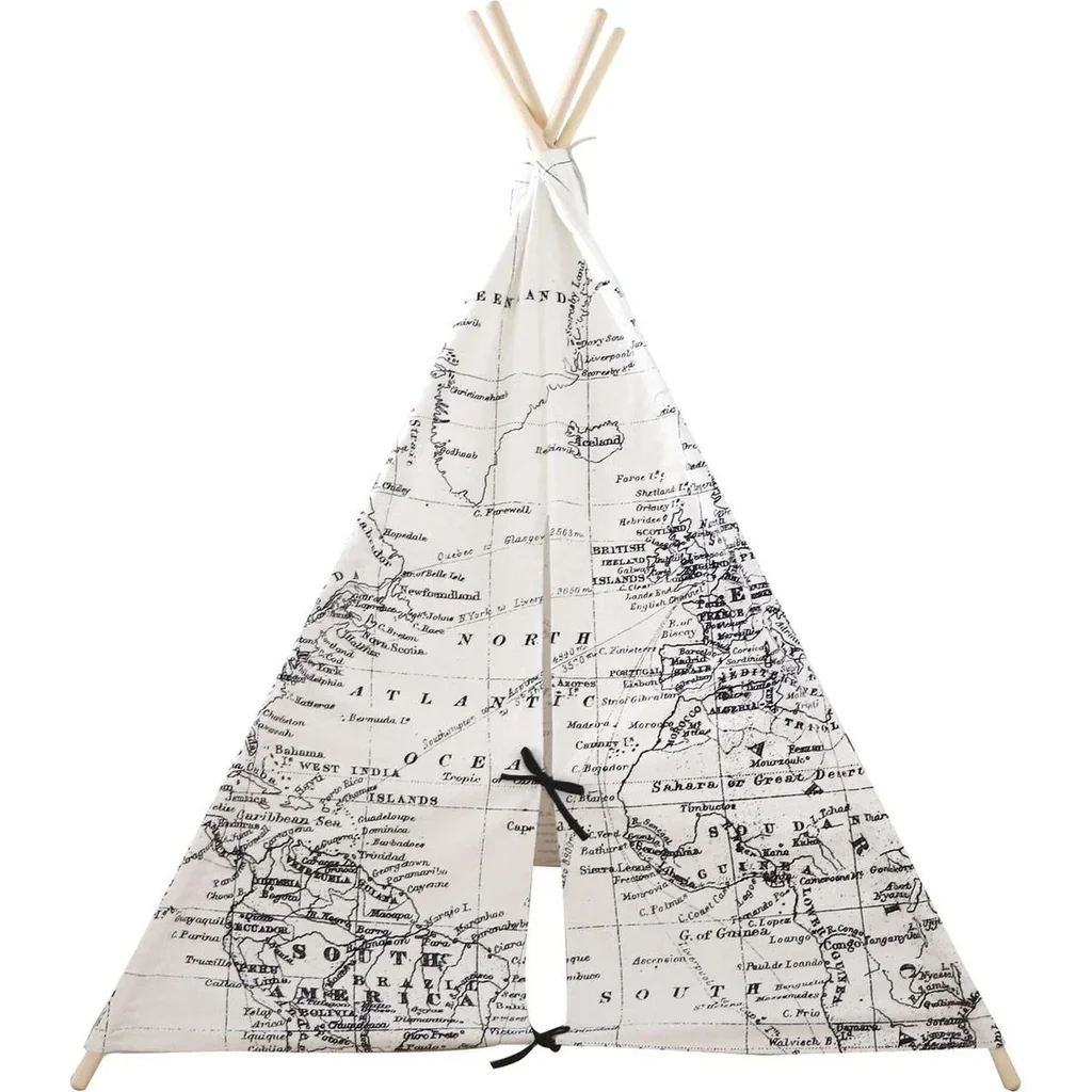 Weltkarte Tipi-Zelt | Schwarz und Weiß | Wigwam Spielzelt|100% Baumwolle|120x120x160cm