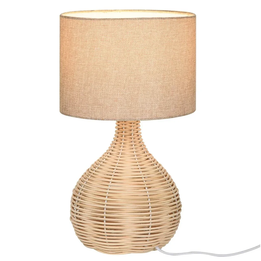 Tischlampe E27 Fassung Rattan Leinen Stahl beige