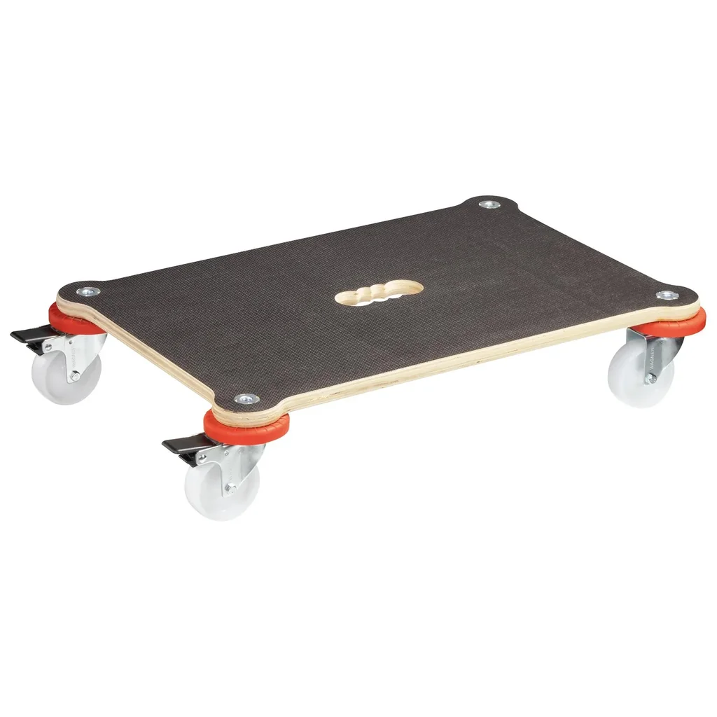 Transporthilfe MM 1370, 60 x 40 x 12,5 cm, harte Rollen Ø 75 mm, Gleitlager, 2 Bremsen, Platte FSC®, Tragkraft 200 kg