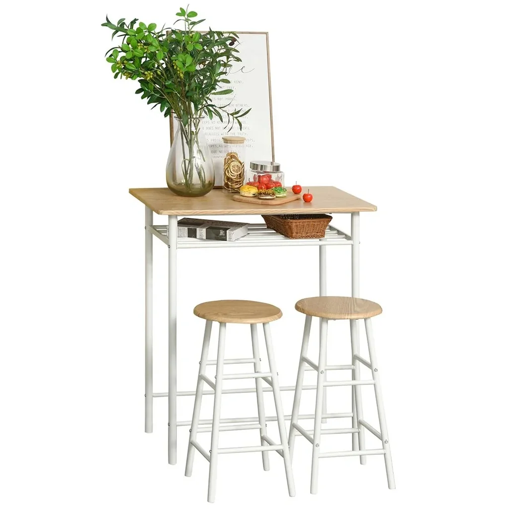 Bartisch mit Stuhlset mit rutschfester Fußmatte Küchentisch und Stühle Stehtisch und Barhocker mit Lagerregal MDF-Platte