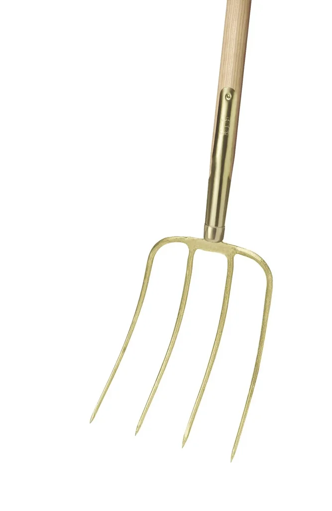 Dunggabel, 4 Zinken, Nord, goldfarben lackiert, Schienenzwinge, Eschen-Langstiel 135 cm