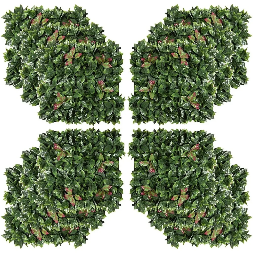 12 Stück künstliches Pflanzenwand Hecke 50x50 cm UV-Schutz Sichtschutz Glanzmispeln Design Heckenpflanze für Garten Outd