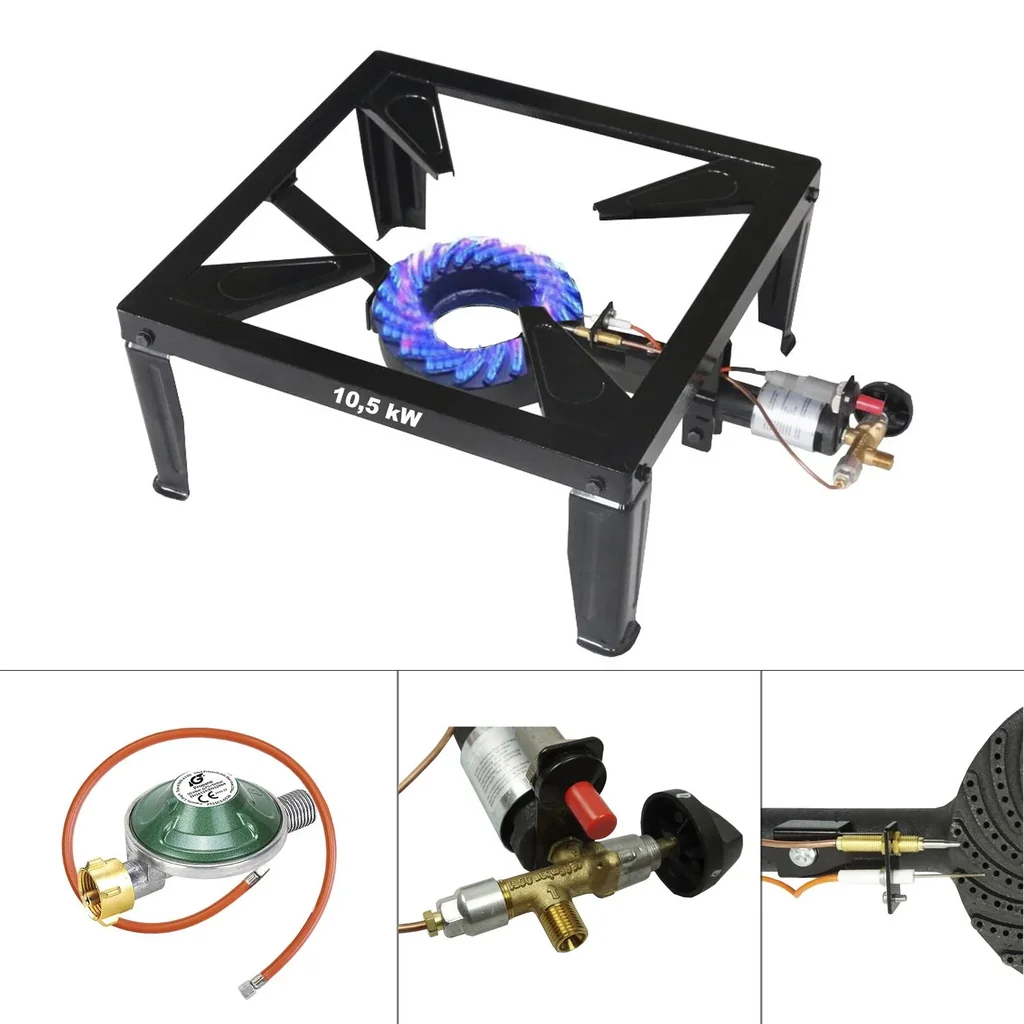 Premium-Hockerkocher mit Zündsicherung und Piezozündung.