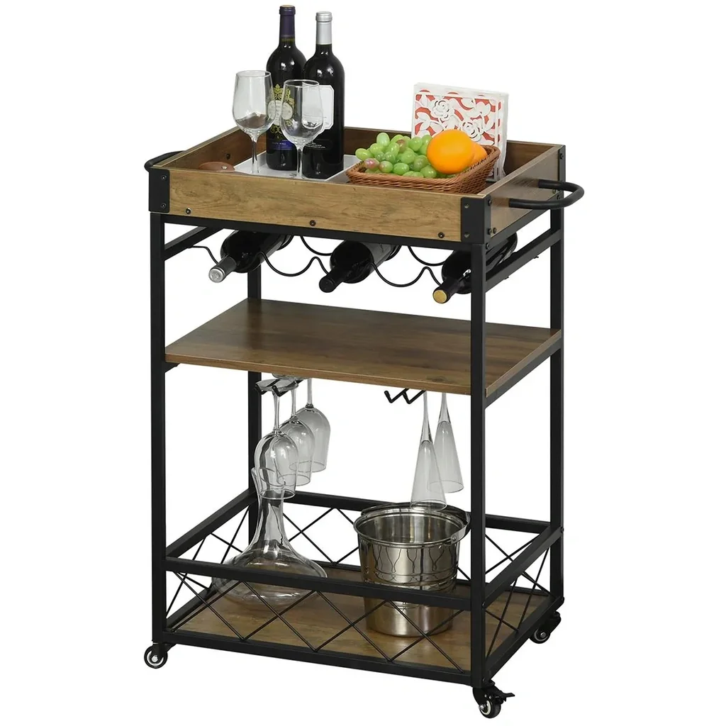 Rollwagen Servierwagen auf Rollen, Küchenwagen mit Weinregal und Glashalter, mit Bremsen, Metall, 77 x 44,5 x 91 cm