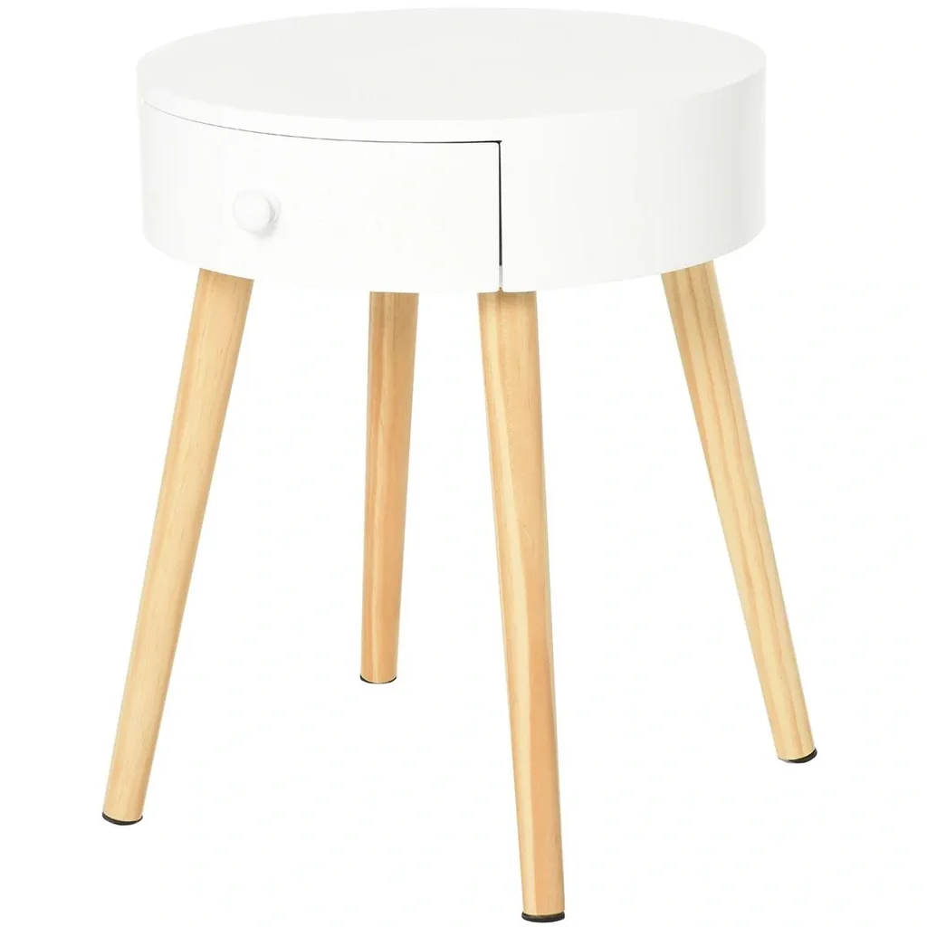 Nachttisch mit Schublade, Schlafzimmer Nachtkommode mit Beinen, runder Beistelltisch, Skandinavisches Design, Massivholz