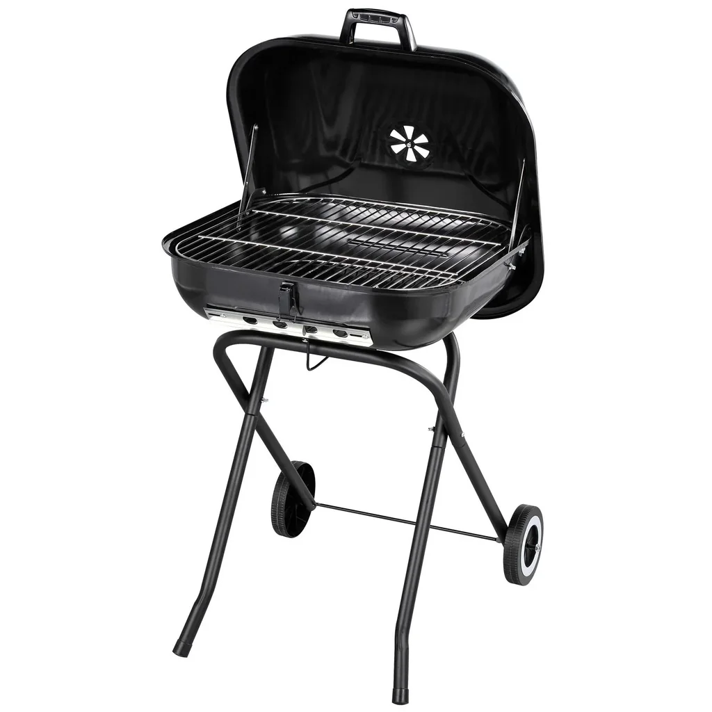 Holzkohlegrill mit Rädern, Grillwagen, Metall, schwarz