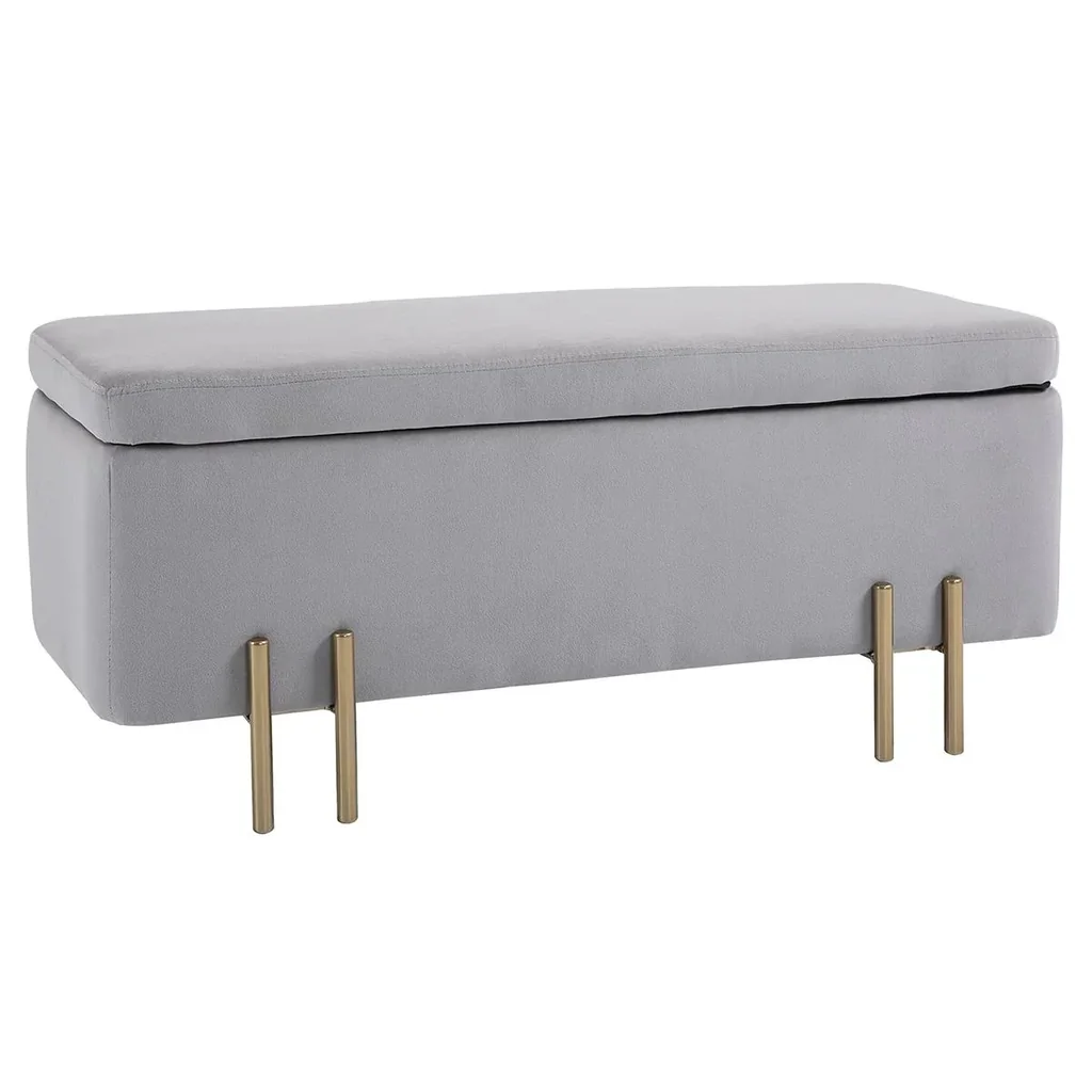 Sitzbank, Polsterbank mit Stauraum, Truhenbank, Stoff, Metall, Schaumstoff, Hellgrau, 100 x 40 x 42 cm
