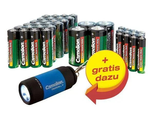 Zink-Kohle Batterie Sparpack 40-teilig mit LED Taschenlampe