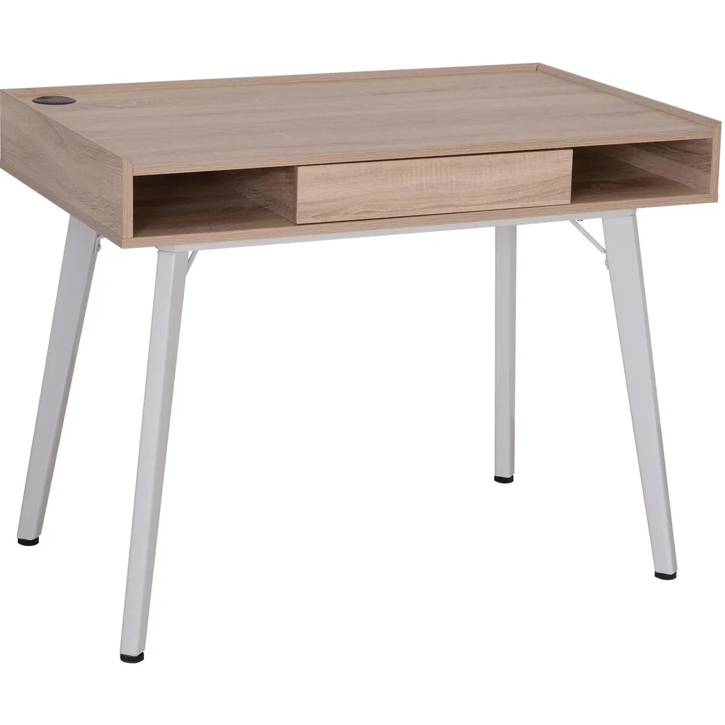 Schreibtisch Computertisch PC Laptop Bürotisch mit Kabeldurchlass Holz + Metall Natur + Weiß 100 x 60 x 77 cm