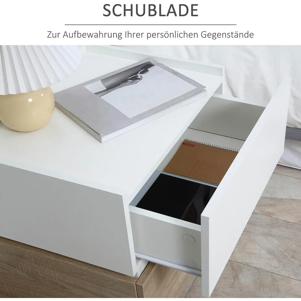 Nachttisch mit Schublade Nachtschrank stapelbar Schubladenschrank Schlafzimmer Nachtkommode Spanplatte Weiß+Natur 50 x 4
