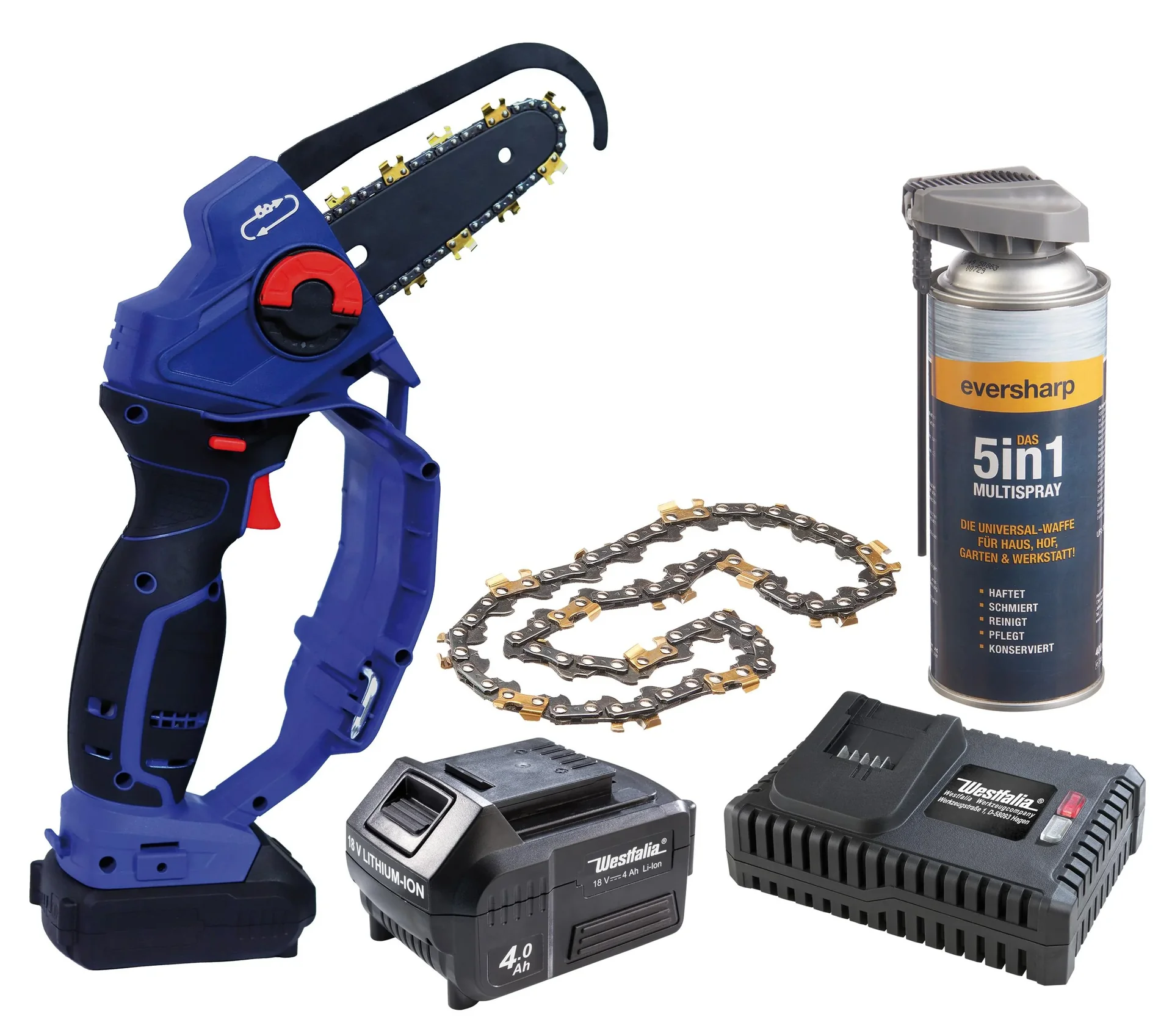 Akku-Einhand-Powersäge "X-SAW II" + EverSharp + Akku 4,0 Ah + Schnellladegerät + Titankette