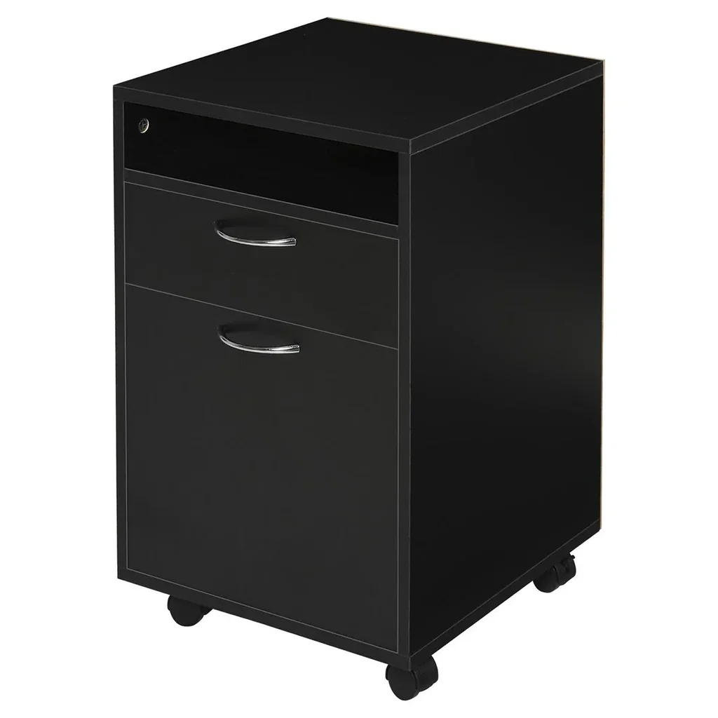 Rollcontainer, Aktenschrank, Bürocontainer mit Schublade, Büroschrank, Aufbewahrung Container, Spanplatte, Schwarz, 40 x