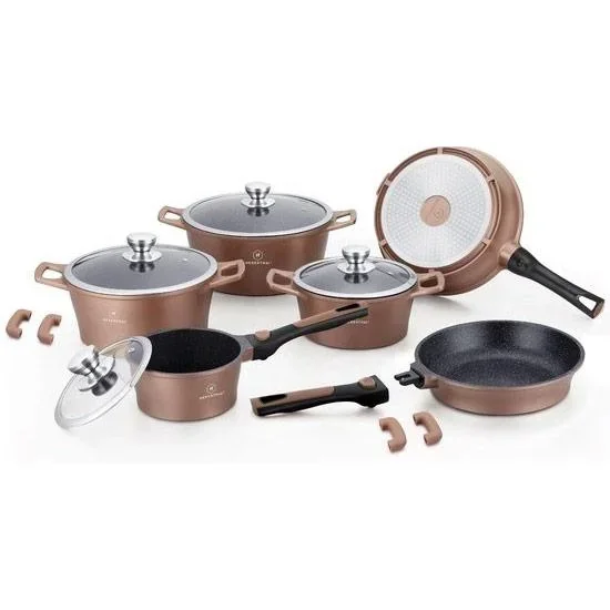 Herenthal 14-teiliges Topfset - mit Glasdeckeln - Edelstahl - Marmorbeschichtung - braun