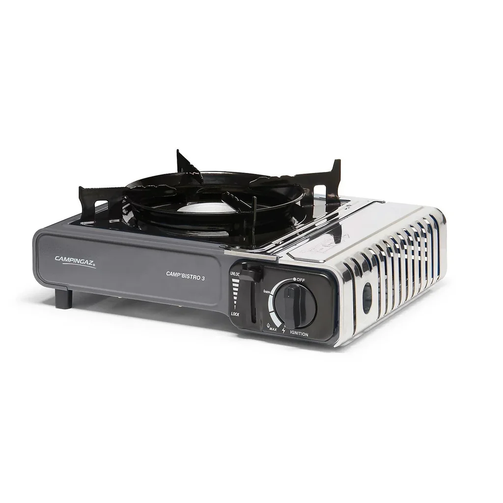 Camp'Bistro  3, Campingkocher 2.200 Watt, Piezozündung, Topfträger aus emailliertem Stahl, inkl. Koffer