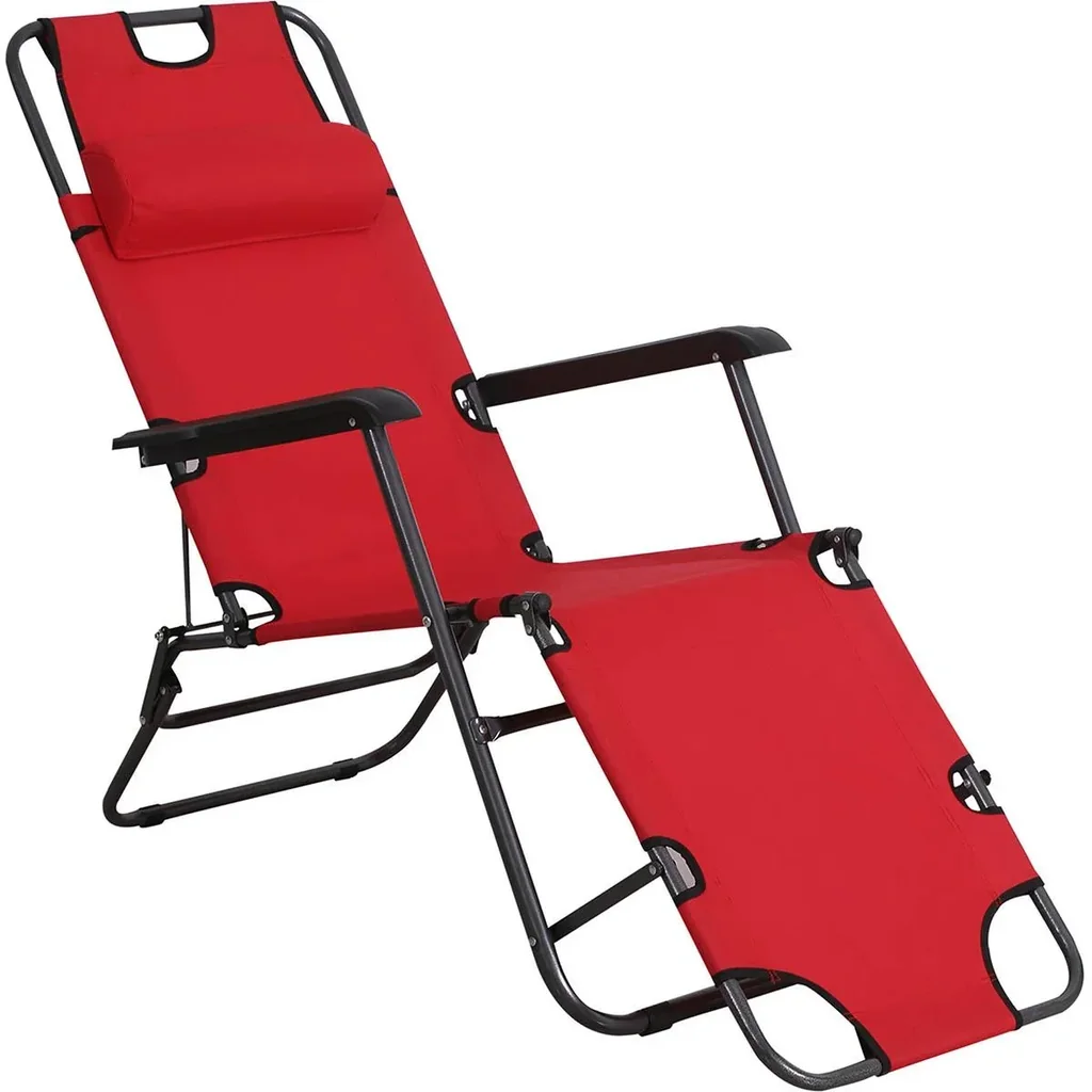 Sonnenliege mit Kissen, Klappbare Strandliege, 2-Stufige Gartenliege , 2-in-1 Relaxliege, Metall + Oxfordstoff, Rot 135