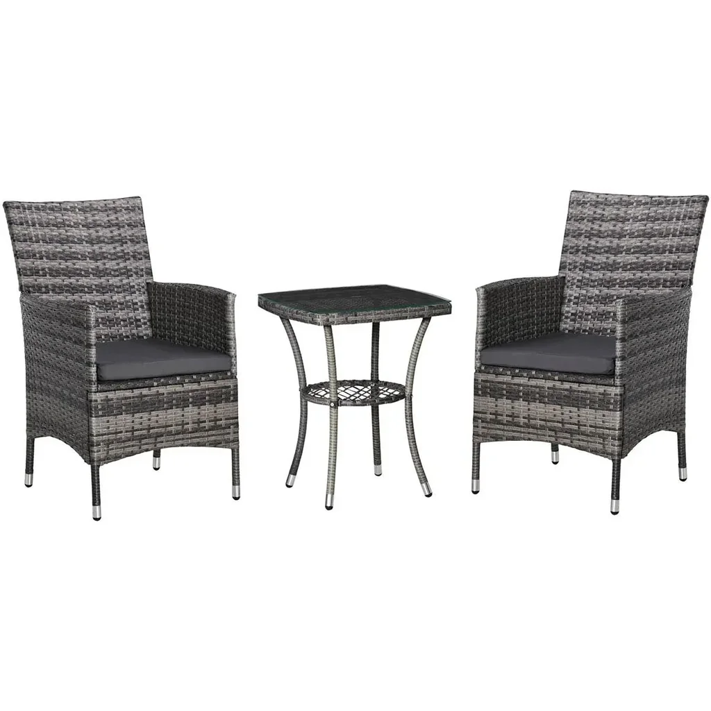 3-tlg. Garten-Set mit Beistelltisch, Polyrattan, Stahl, 60 x 58,5 x 89,5 cm, Grau
