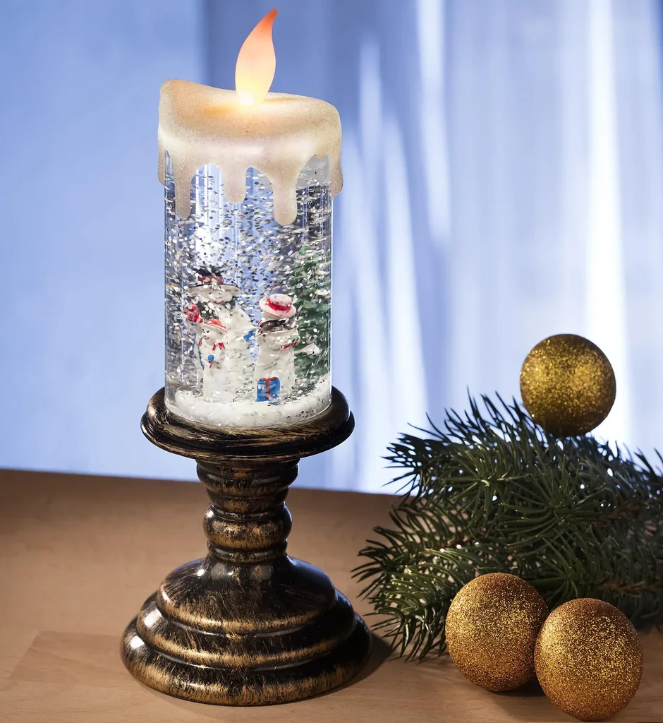 LED Glitter Weihnachtskerze mit Schneemann Motiv
