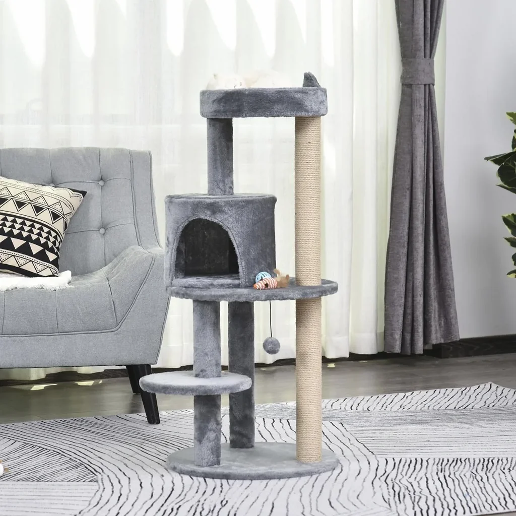 Katzenbaum 4-Stock Katzenhöhle Katzenhaus mit Spielbällen Sitzstange Sisalsäule und Kratzbrett groß stabil luxuriös Sisa