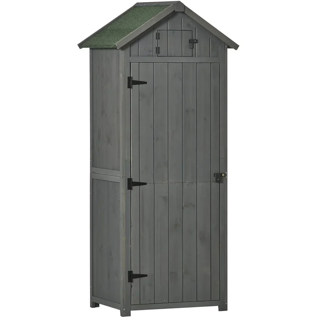 Gartenschrank Gartenhaus Gerätehaus Geräteschuppen mit Fachböden Asphaltdach Fenster Holz Grau+Grün 77 x 54,2 x 179 cm