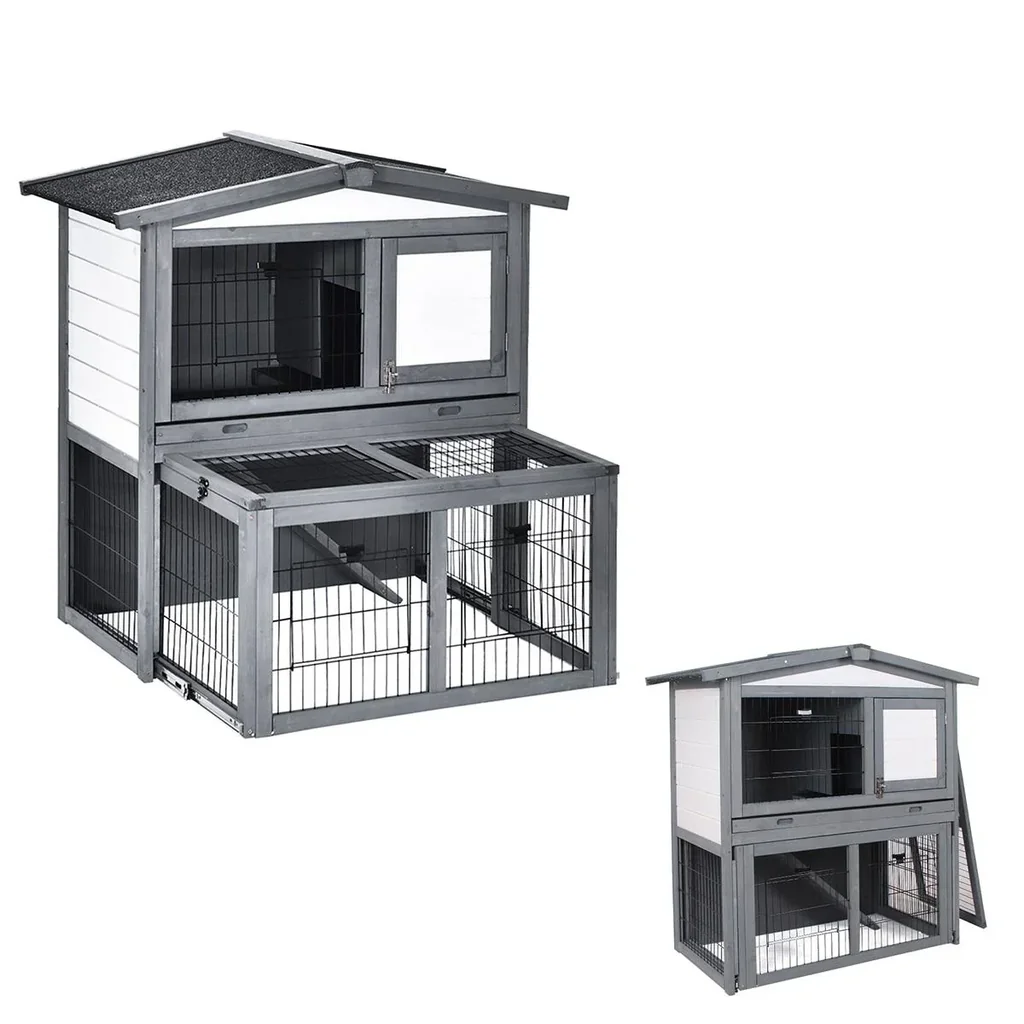 Kaninchenhaus Kaninchenstall Stall mit Rampe für Meerschweinchen Hasen mit Freilauf Tannenholz Grau+Weiß 101,5 x 90 x 10