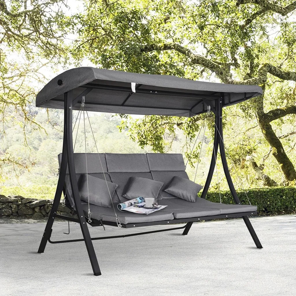 Hollywoodschaukel, 3-Sitzer Gartenschaukel, Schaukelbank, Verstellbares Sonnendach, Texteline Grau 200 x 115 x 168 cm