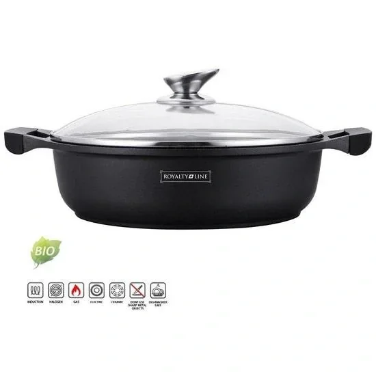 Marmorbeschichtung Breite Kasserolle - Schwarz - Mit Glasabdeckung - 28 cm