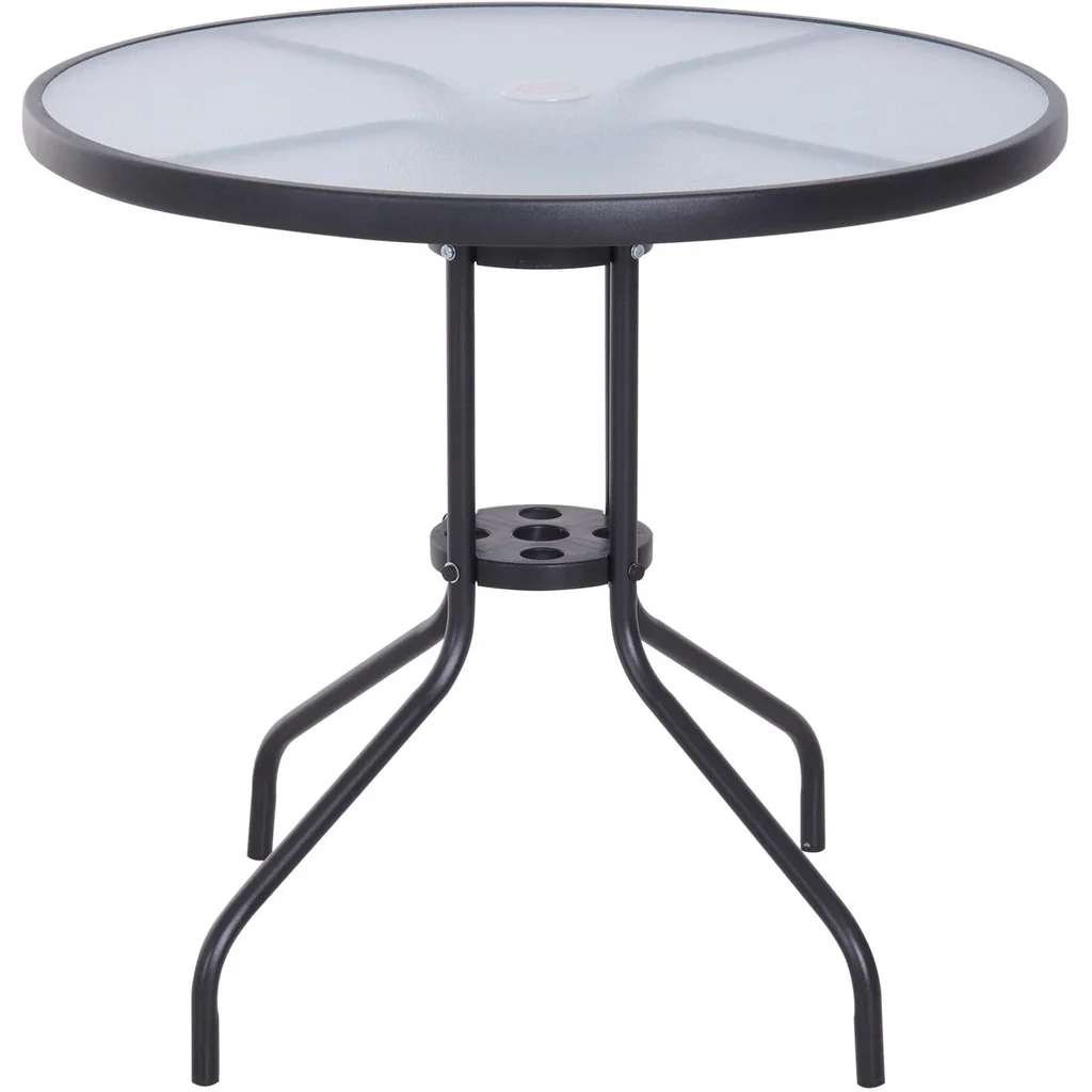 Gartentisch Balkontisch Bistrotisch Gartenmöbel mit Schirmloch Hartglas + Metall Schwarz Ø80 x 72 cm