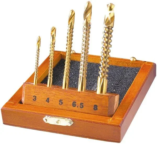 TIN-Fräsbohrer Satz 5-teilig im Holzkasten
