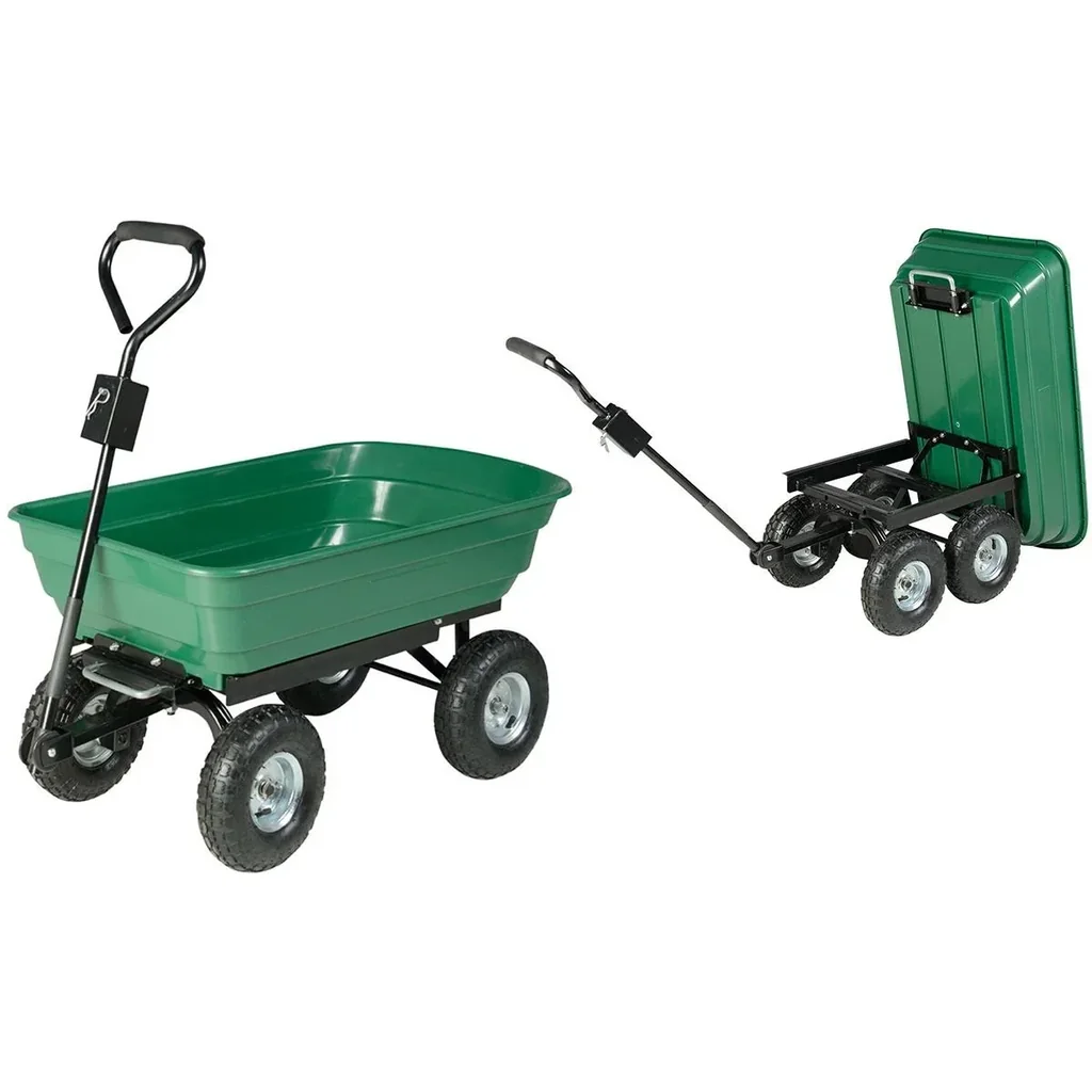 Anhänger mit grüner kippbarer Kunststofftonne