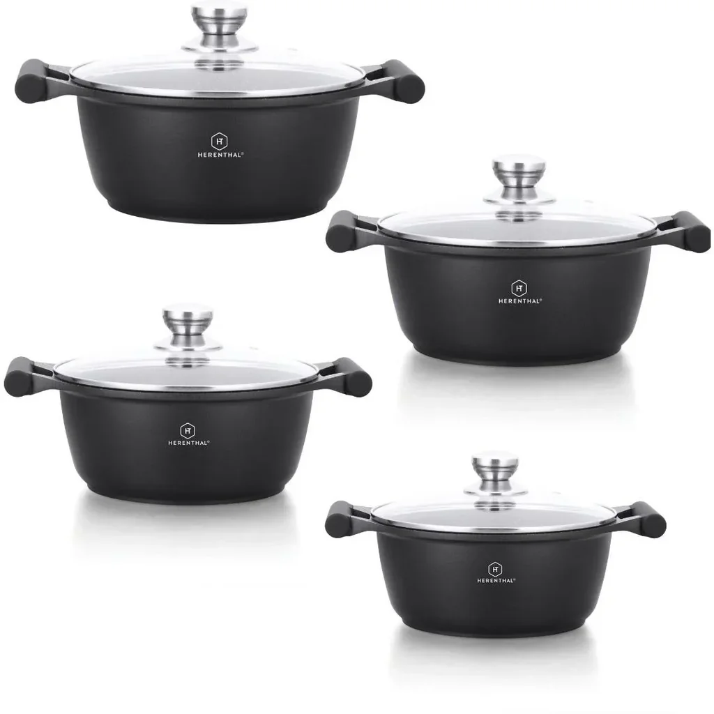 Herenthal 4-teiliges Kochgeschirr-Set - Schmorpfanne - 24cm, 26cm, 28cm, 30cm - Marmorbeschichtung - mit Glasdeckel