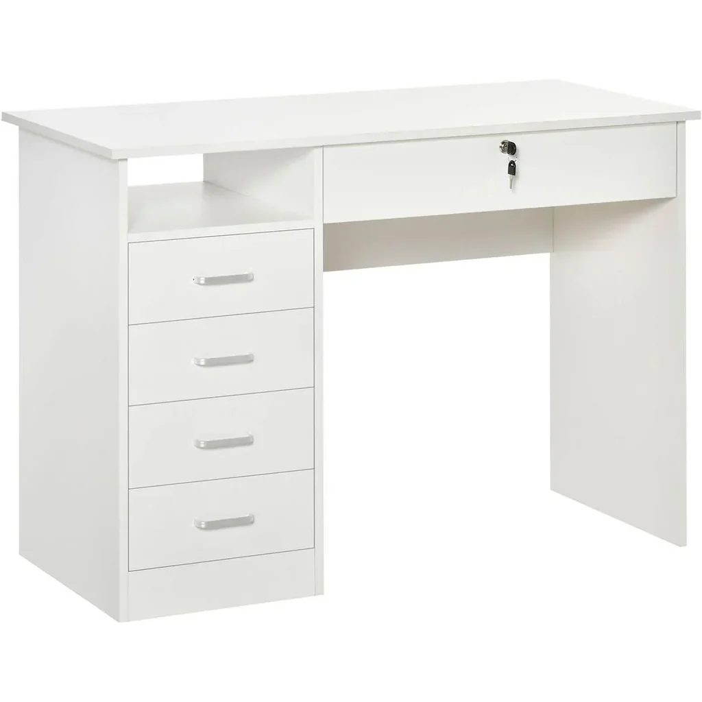 Computertisch Schreibtisch mit 5 Schubladen und Regal Bürotisch mit Schloss großer Arbeitsfläche Weiß 110 x 50 x 76 cm