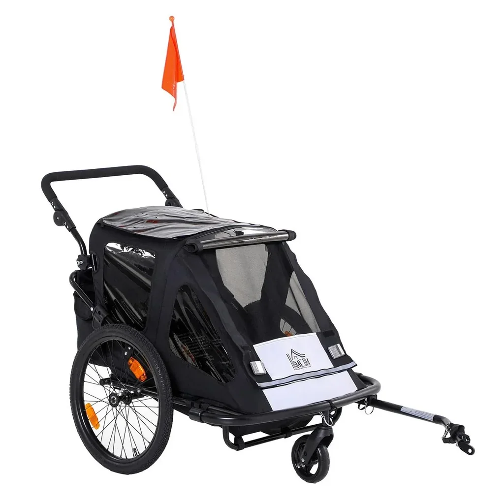 Kinderanhänger Fahrradanhänger mit Aufbewahrungstasche Kinderwagen mit Mesh-Tür Fahne klappbarer Kinderanhänger 2 in 1