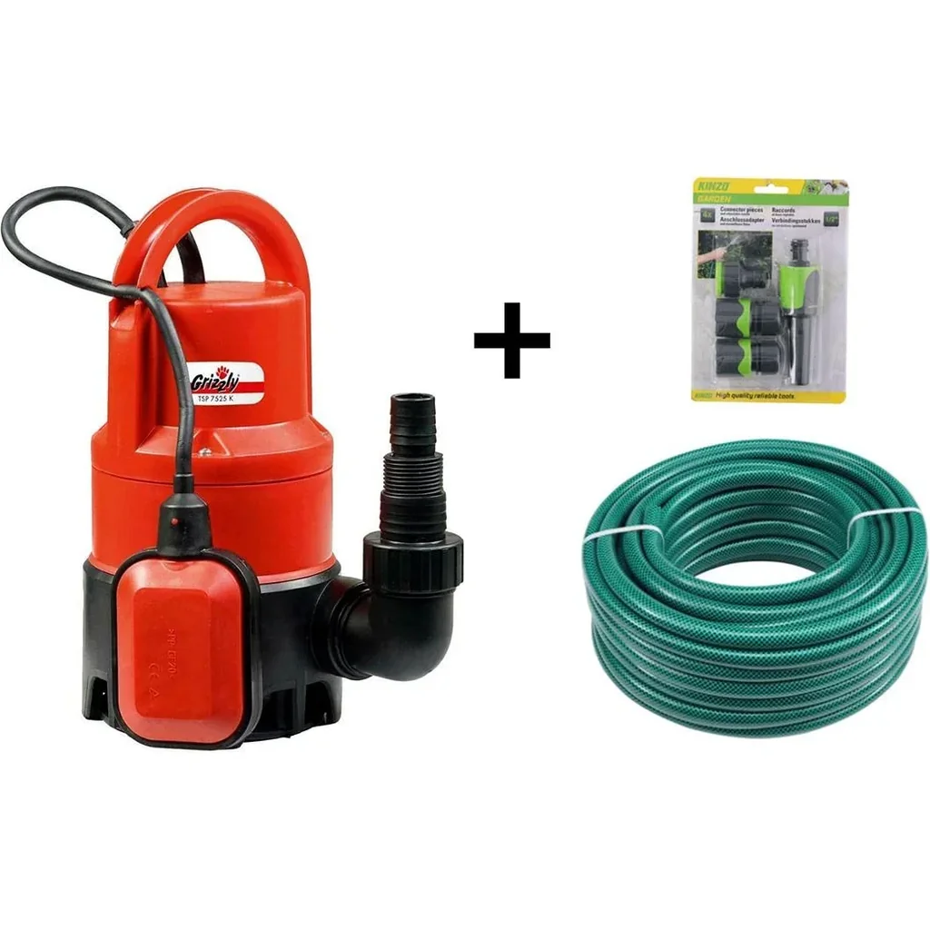 Tauch-Schmutzwasserpumpenset inklusive 10 Meter Gartenschlauch und Gartensprinkler mit Anschlüssen