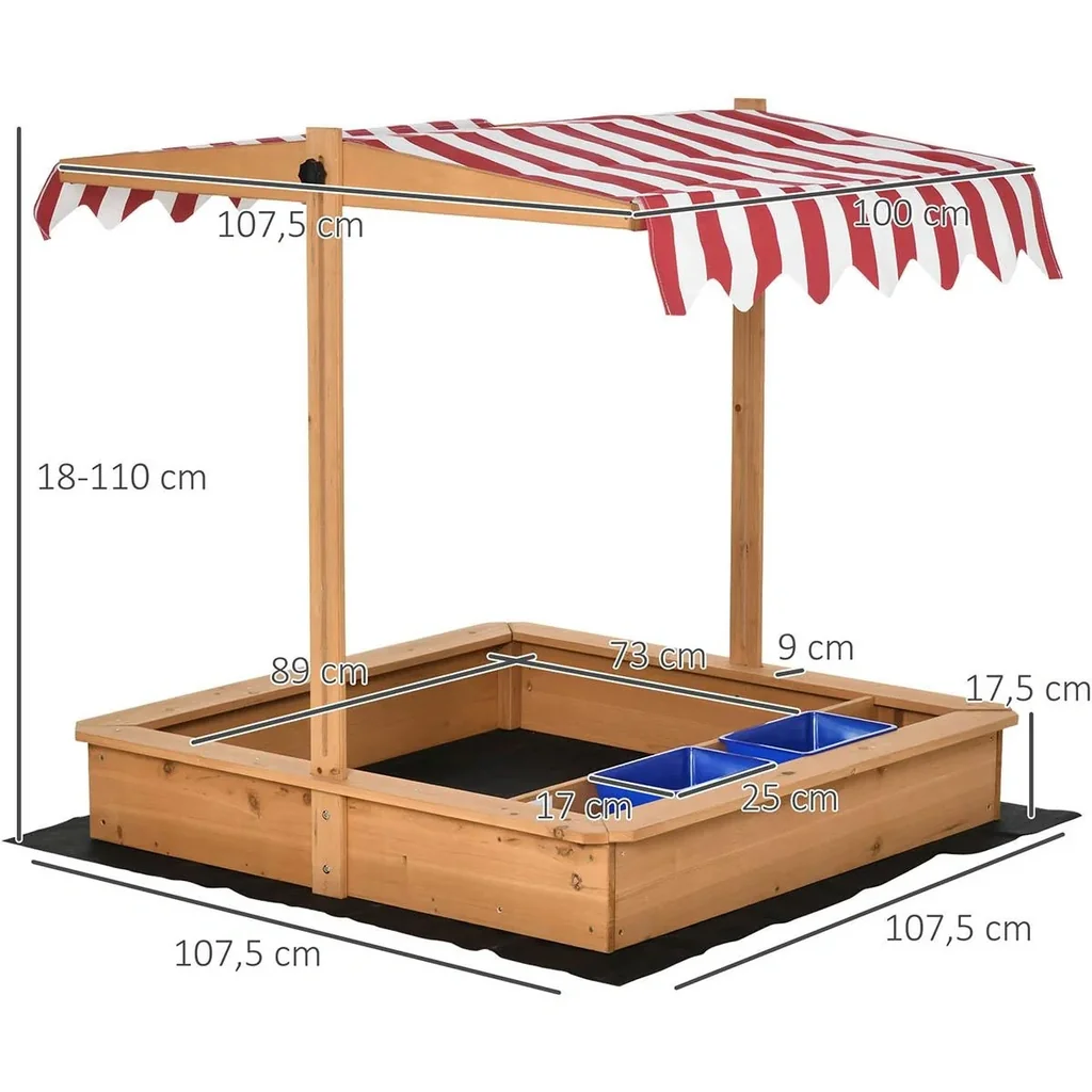 Sandkasten Holz bodenlos Design für Kinder 3-7 Jahre mit Deckel und Dach 107,5 x 107,5 x 110 cm