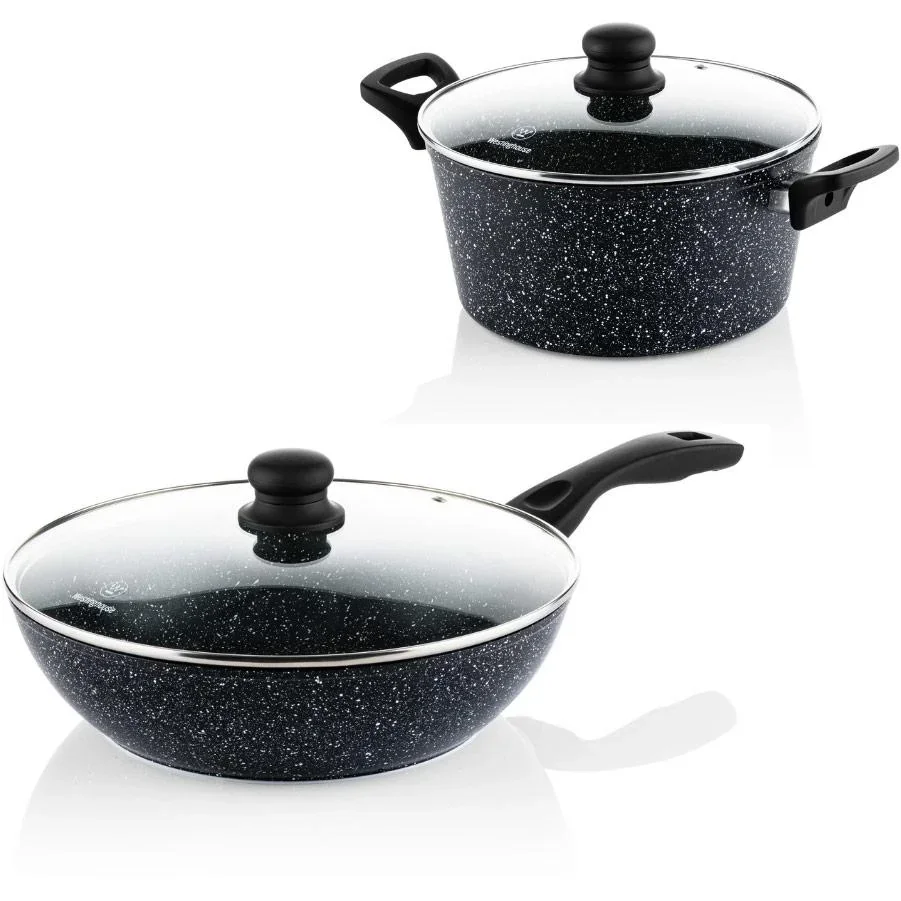 NL Schwarzer Marmor Kochset - Kochtopf 24 cm + Wokpfanne 30 cm - Schwarz