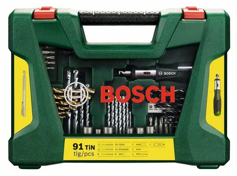 V-Line TiN-Bohrer- und Bit-Set mit Ratschen-Schraubendreher und Magnetstab 91-teilig