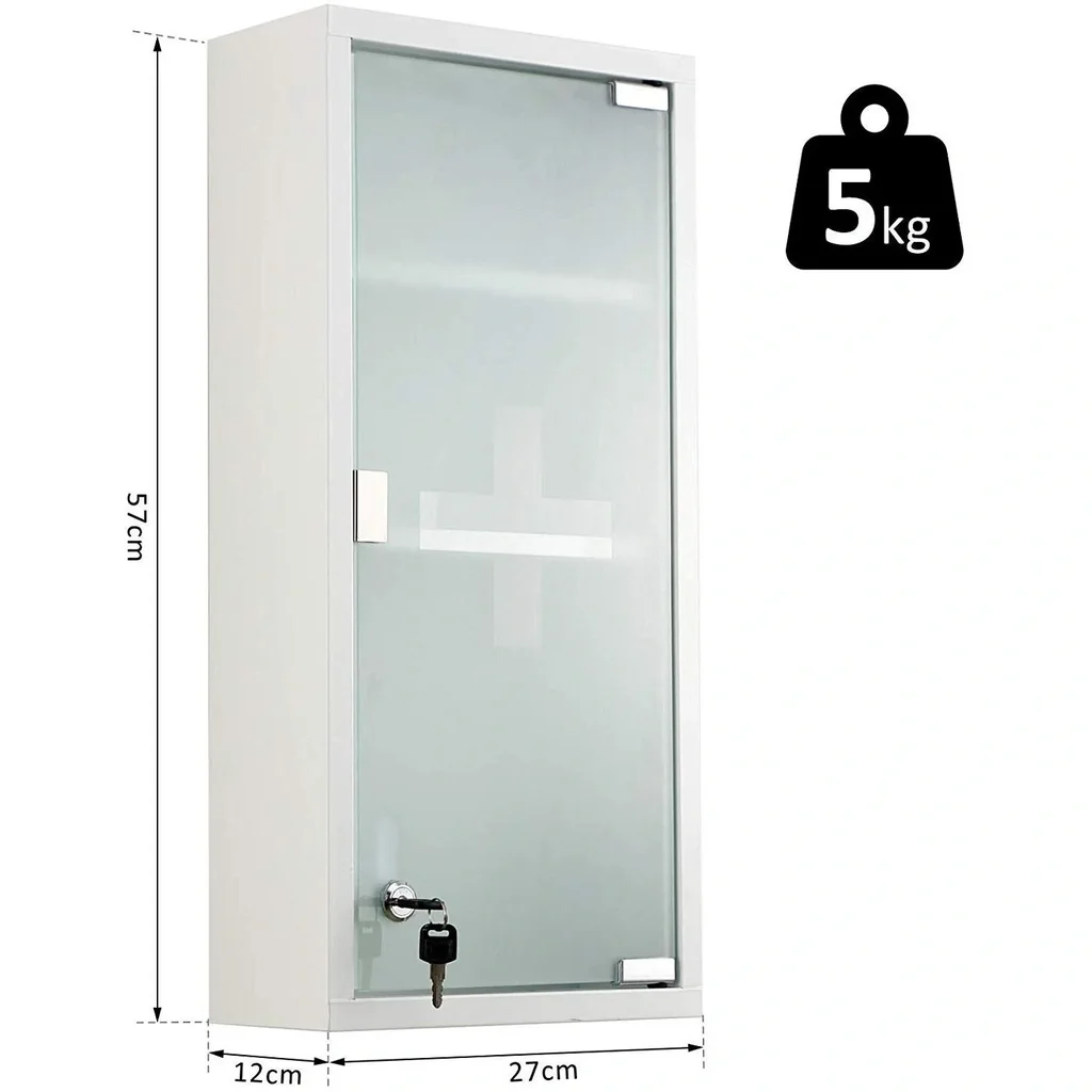 Medizinschrank Arzneischrank Erste-Hilfe-Schrank mit Schloss 3 Fächer Mattglas Metall Weiß 27 x 57 x 12 cm