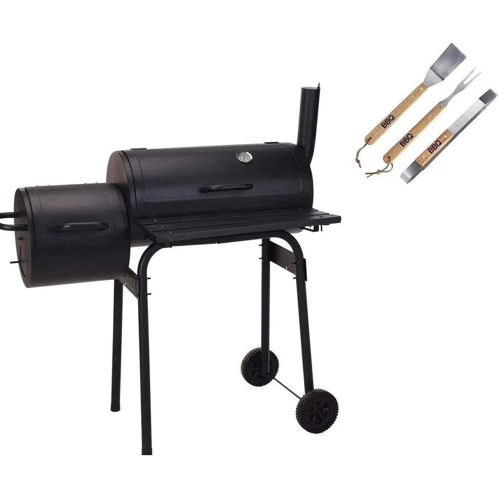 BBQ Grill - Smoker schwarz mit Thermostat und 3-teiligem BBQ Werkzeugset - Grillfläche 66 x 34 cm