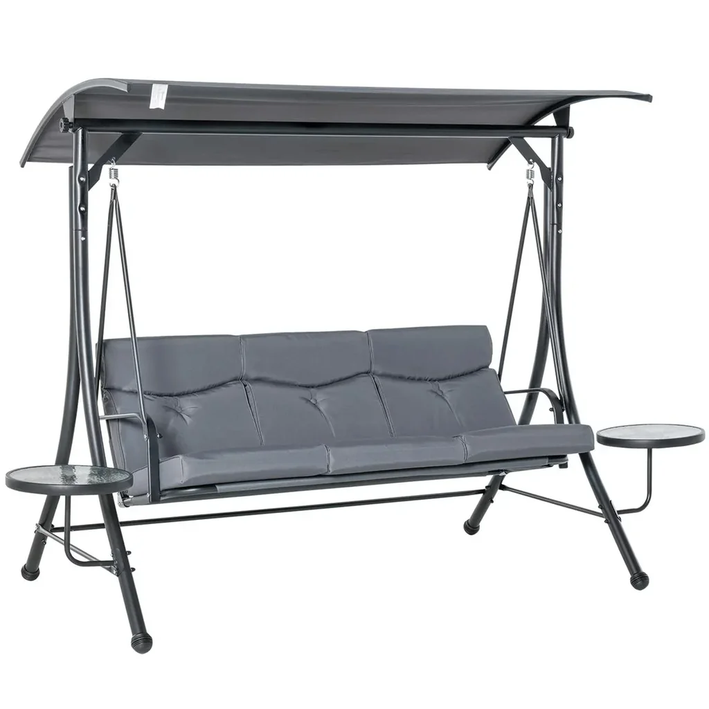 Hollywoodschaukel 3-Sitzer Gartenschaukel Schaukelbank mit verstellbarem Sonnendach Teetisch Stahl Polyester Grau+Schwar