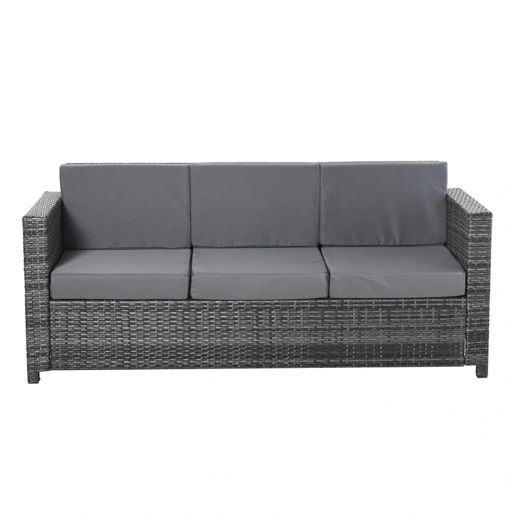 Poly-Rattan Sofa mit Kissen 3-Sitzer Garten Loungesofa Metall Polyester Grau 185 x 70 x 80 cm