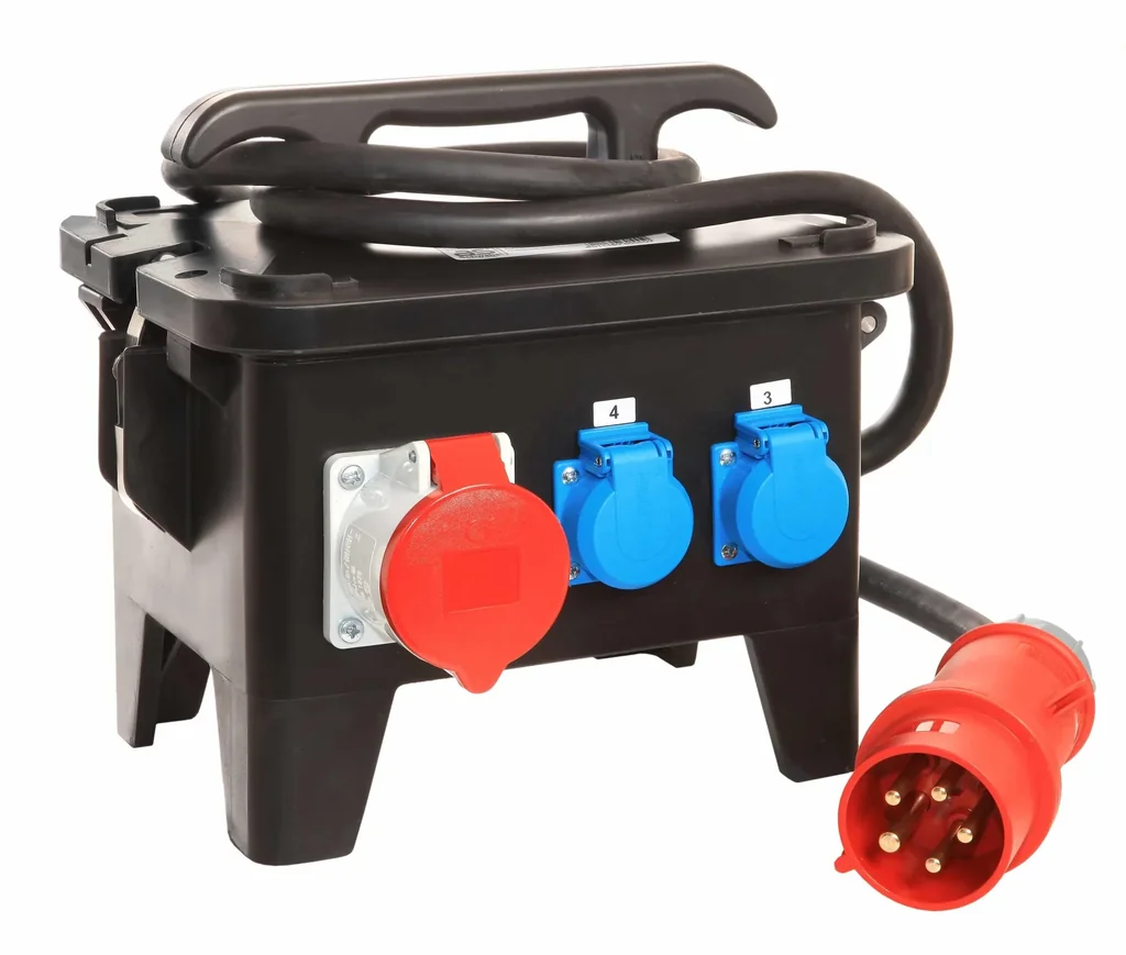 Baustellenstromverteiler M4 Anschluss CEE 400V, 32A, 3 Steckdosen 230V, 2+1 CEE-Steckdosen 400V