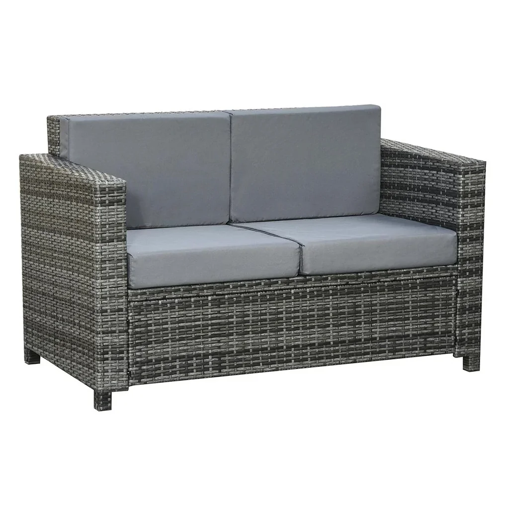 Poly-Rattan Sofa mit Kissen 2-Sitzer Garten Loungesofa Metall Polyester Grau 130 x 70 x 80 cm