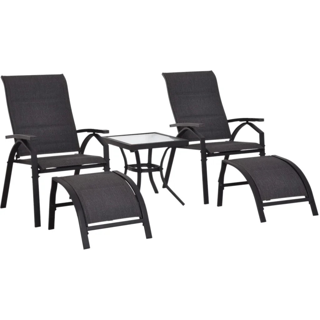 5 tlg, Gartengarnitur Gartensitzgruppe Gartentischset Gartenliege gepolstert Schwarz 2 x Sessel 2 x Hocker 1 x Tisch
