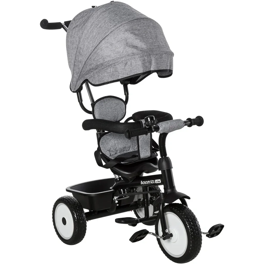 6 in 1 Kinderdreirad Dreirad Kinder Fahrrad Rad Kinderwagen Schubstange Sonnendach Sicherheitsgurt 6-60 Monate Grau+Schw