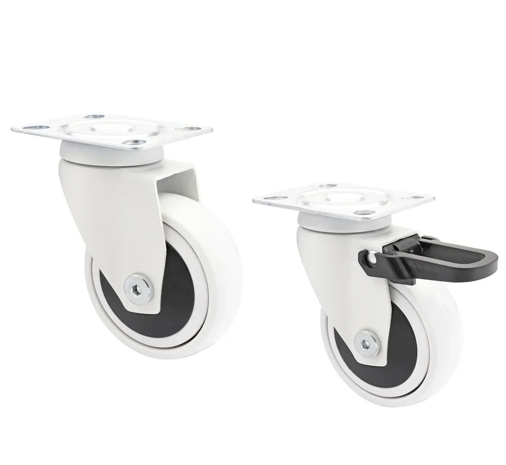 Design 3C Lenkrollen 4 teiliges Set - Ø 75 mm, soft, weiß, 2 Rollen mit & 2 ohne Feststeller, Tragkraft 75 kg / Rolle