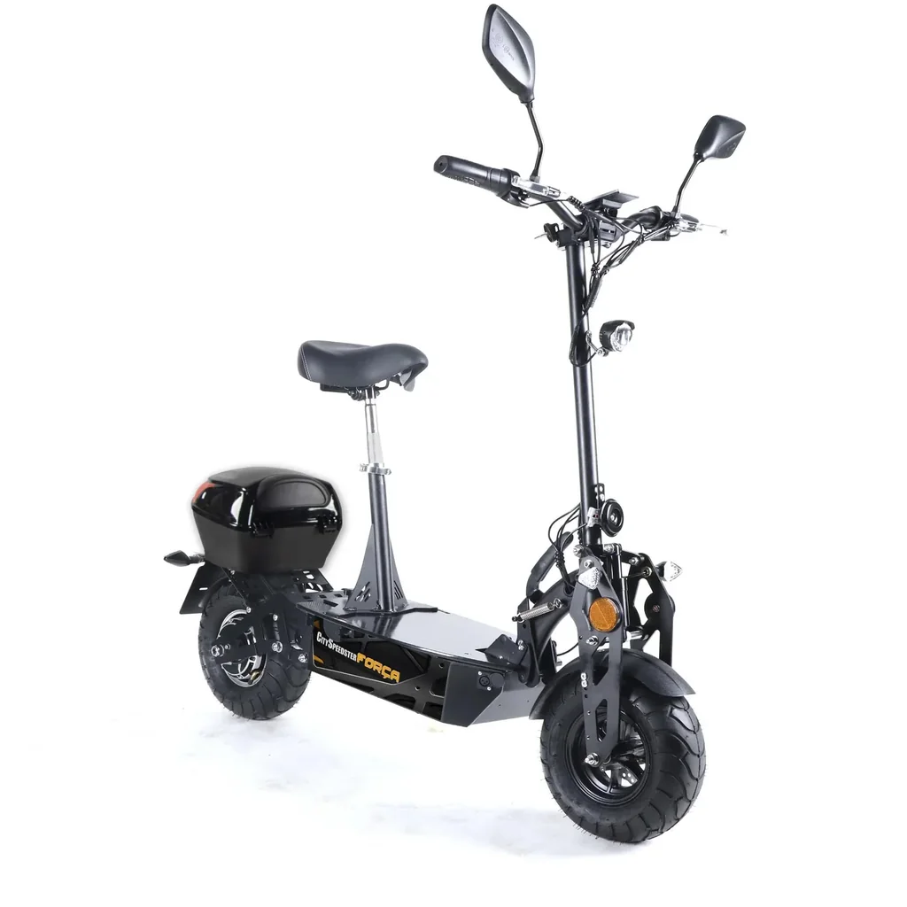 Elektro-Faltroller Speedster Safety Plus 45 km/h 1000 Watt, inkl. Blinkanlage, Gepäckcase und Lithium-Ionen Akku, Schwarz.
