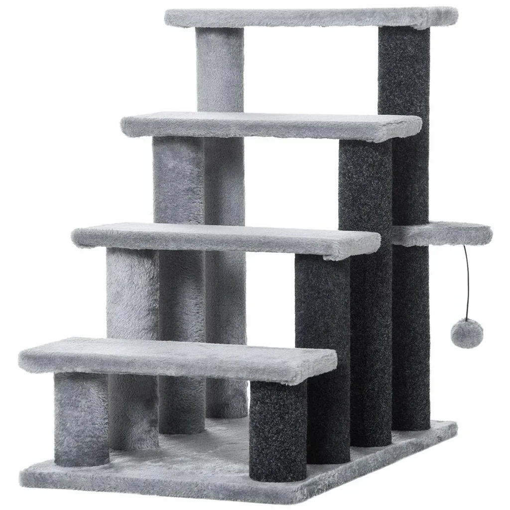 Haustiertreppe mit Kratzbaum Ball 4-stufige Katzentreppe Hundetreppe Tiertreppe Spanplatte Plüsch Jute Grau 60 x 40 x 64