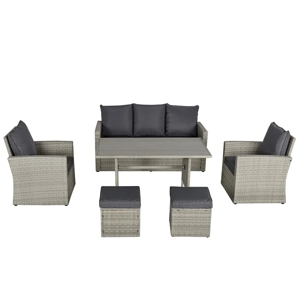 Poly Rattan Sitzgruppe 6 tlg. Garten Essgruppe Sofa-Set Sofa Lounge Hocker Hof Balkon Pool PE Rattan Grau