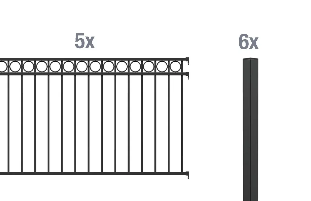 Zaunkomplettset Circle, zum Einbetonieren, matt-schwarz, Höhe 120 cm, Länge 10 m